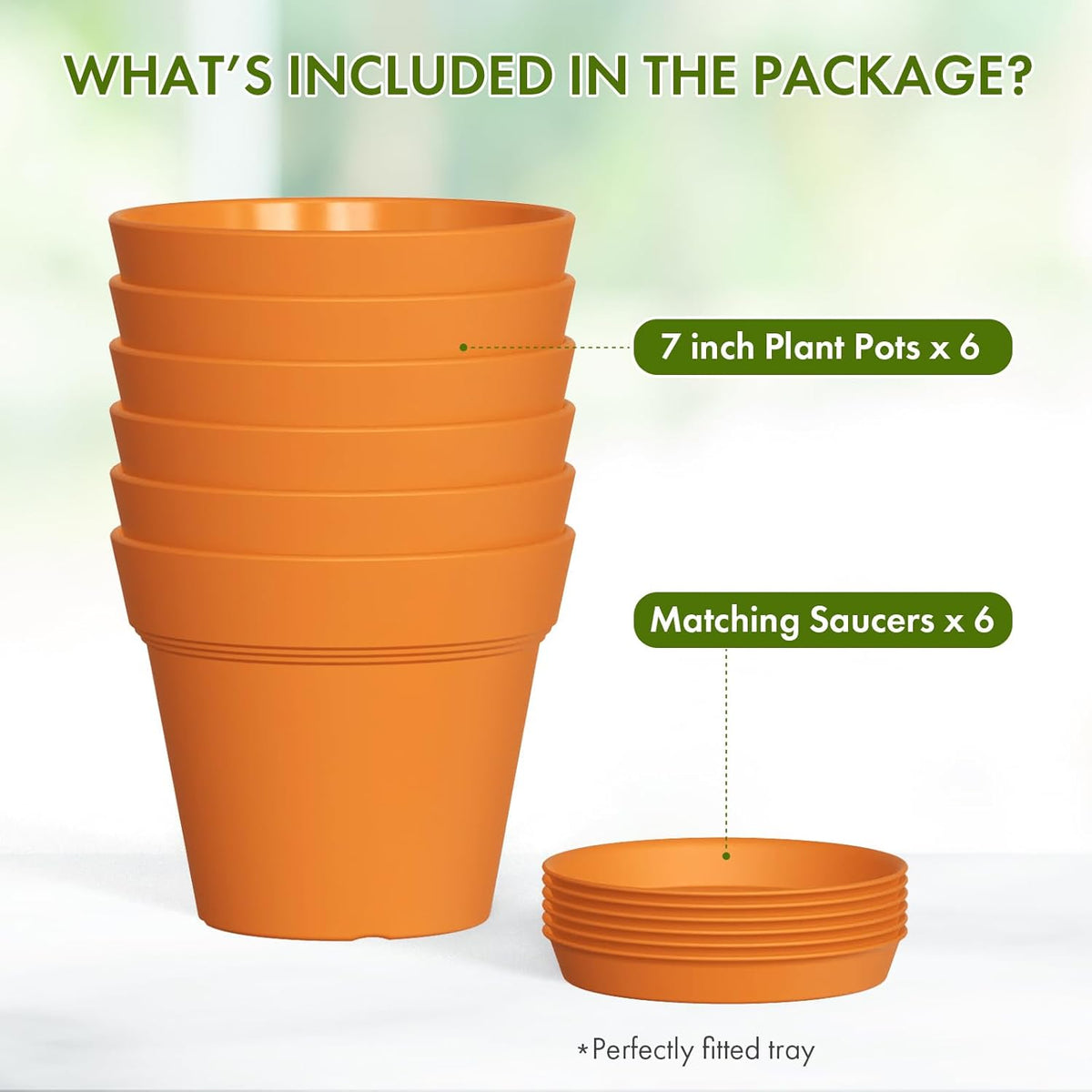 7 Inch Thick Plastic Plant Pots with Drainage Holes and Trays – 6 Pack Nursery Pots for Indoor &