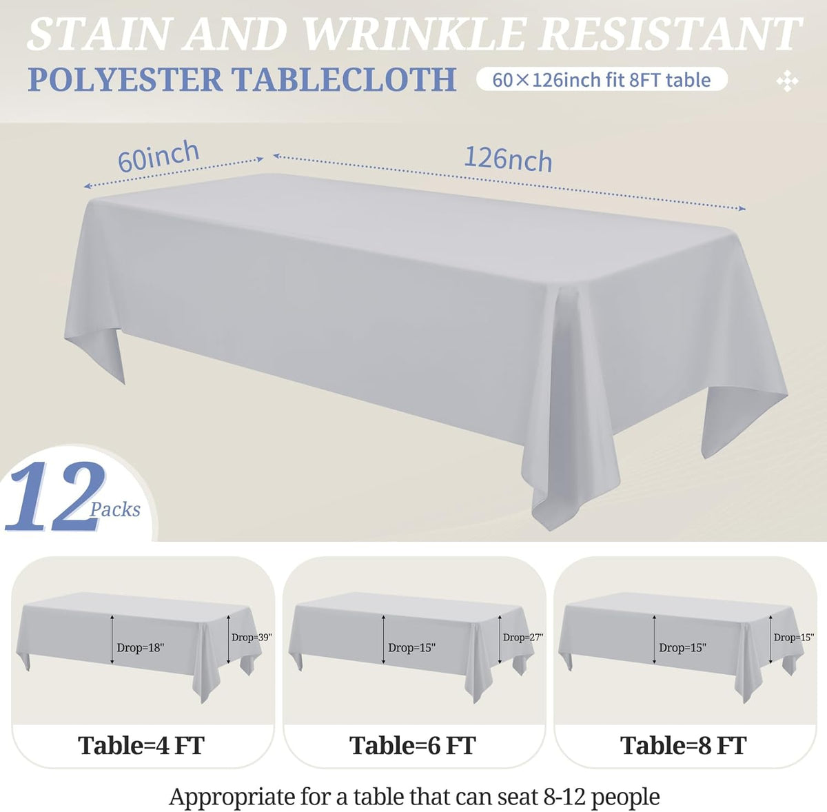 12 Pack Light Grey Tablecloths for Rectangle Tables 60 x 126 Inch Polyester Tablecloth 8 Foot