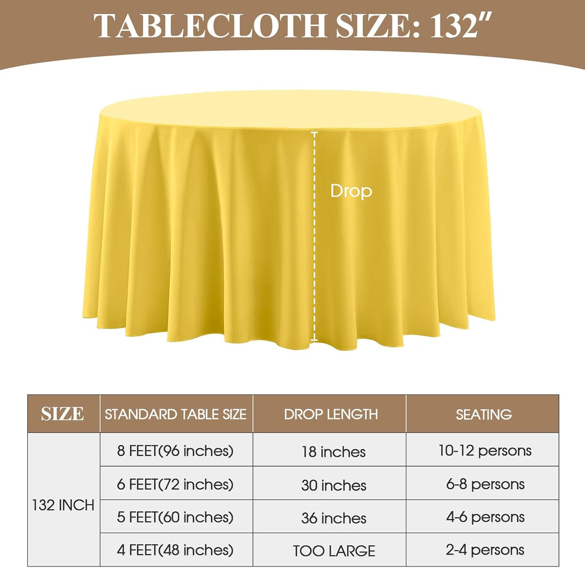 Round Tablecloth 132 Inch 6 Pack Yellow Tablecloths Washable Decorative Linen Polyester Table