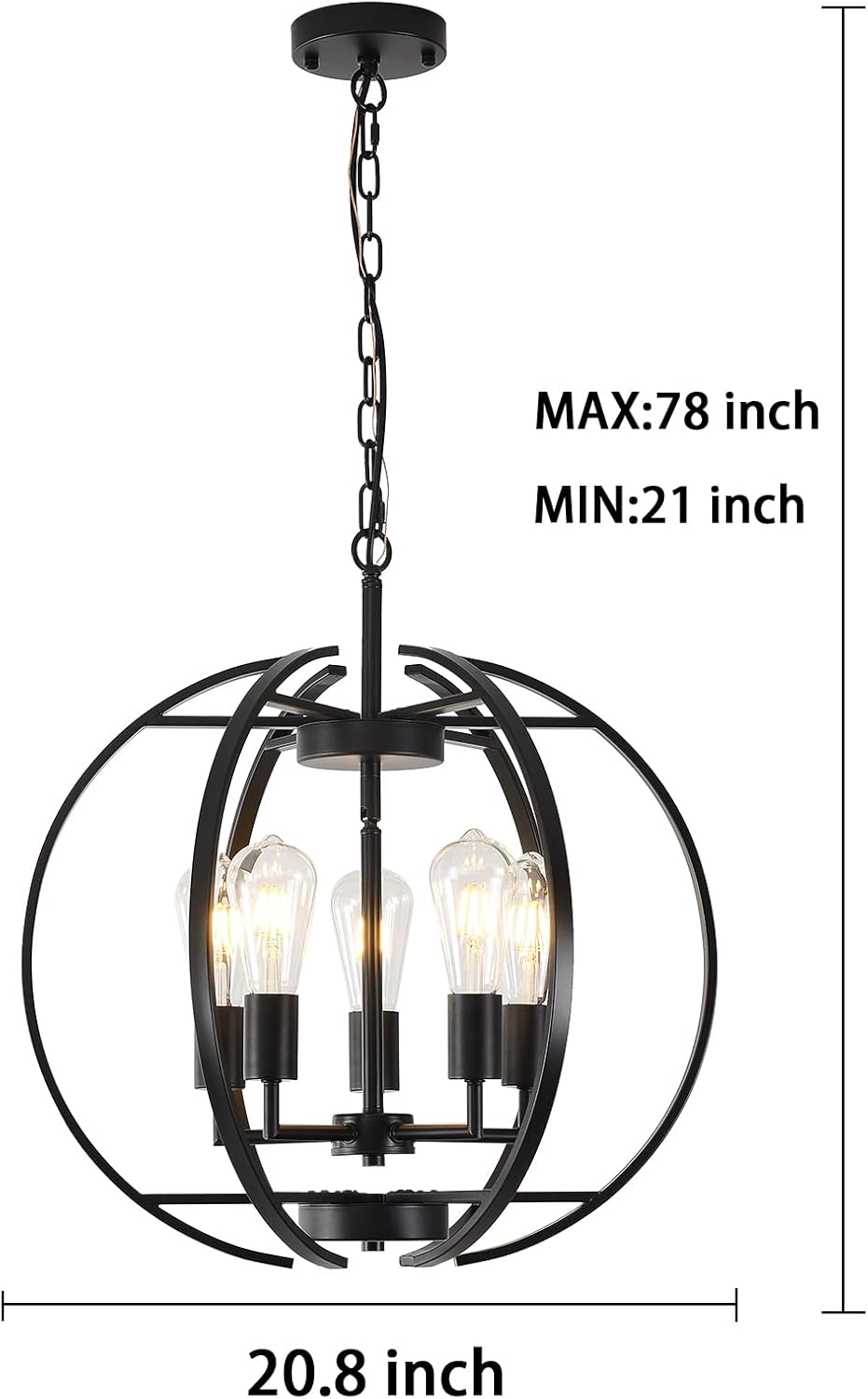 Large Lantern Globe Black Chandelier Lighting, Adjustable Hanging Ceiling Pendant 5 Light for