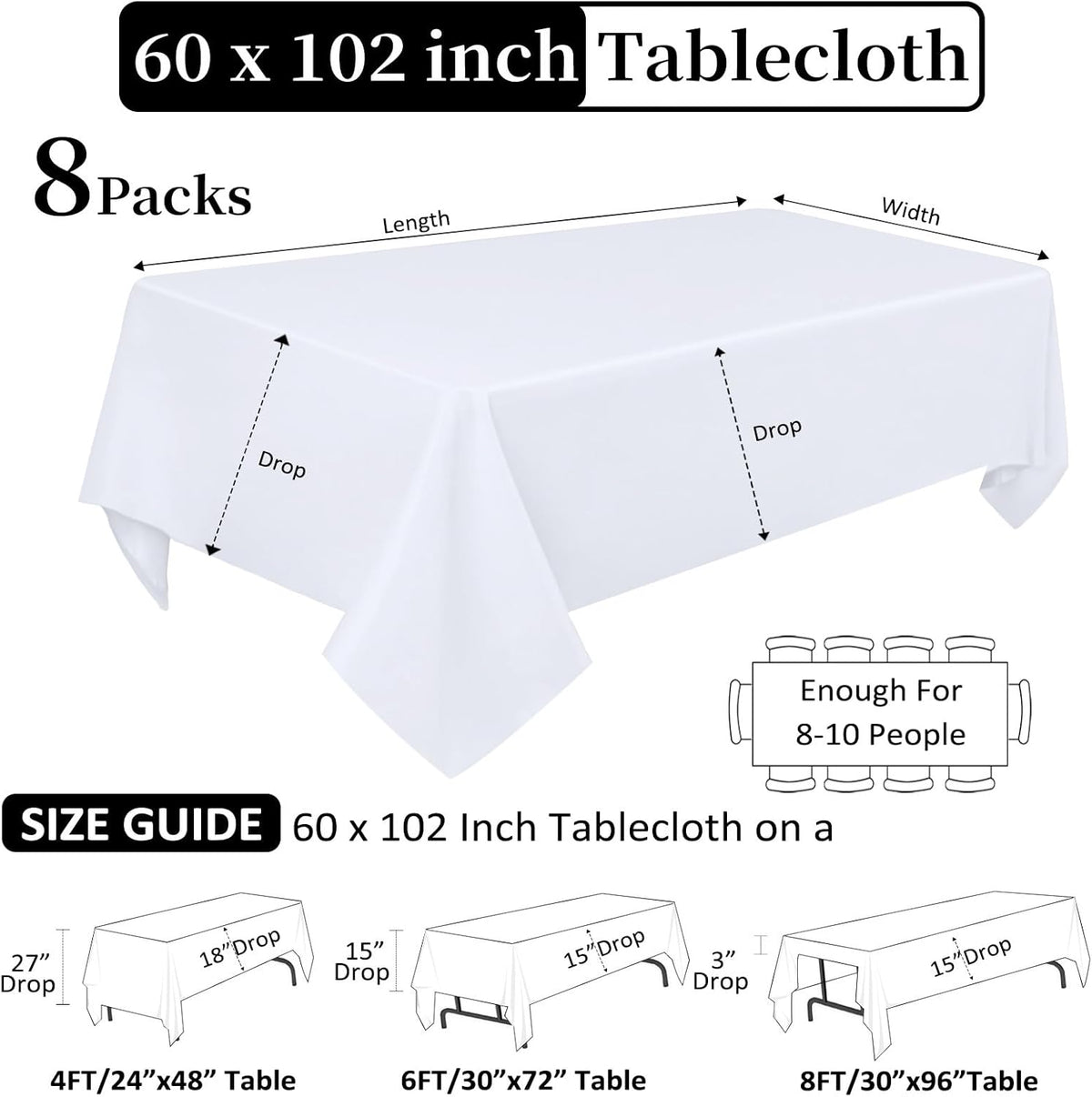 8 Pack White Table Cloth 60 x 102 Inch Rectangular Tablecloths for 6 Foot Rectangle Tables, Wrinkle