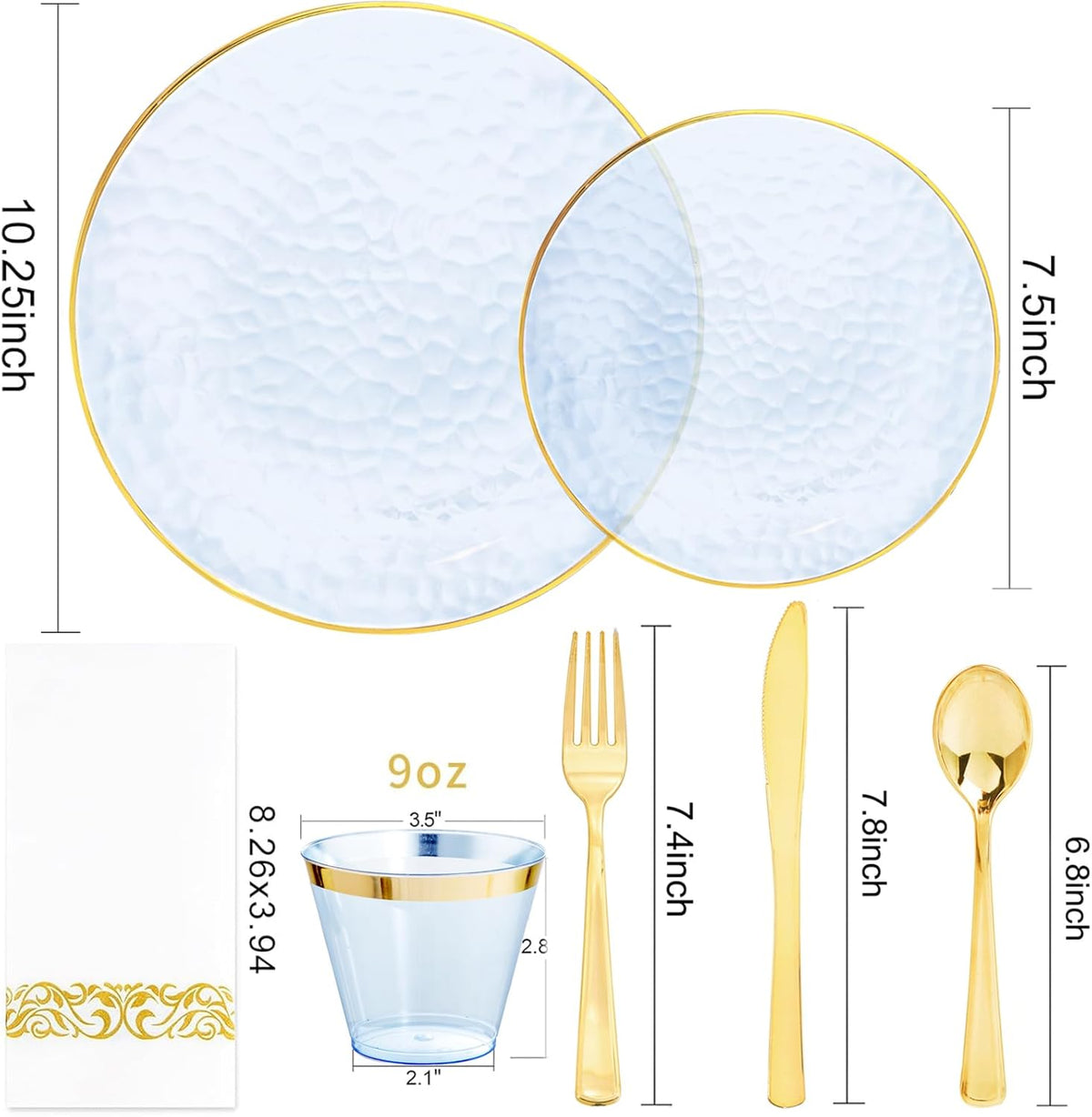 Rubtlamp 350 Pcs Clear Blue Plastic Plates, Blue Gold Plastic Dinnerware Set (50 Guests), Blue