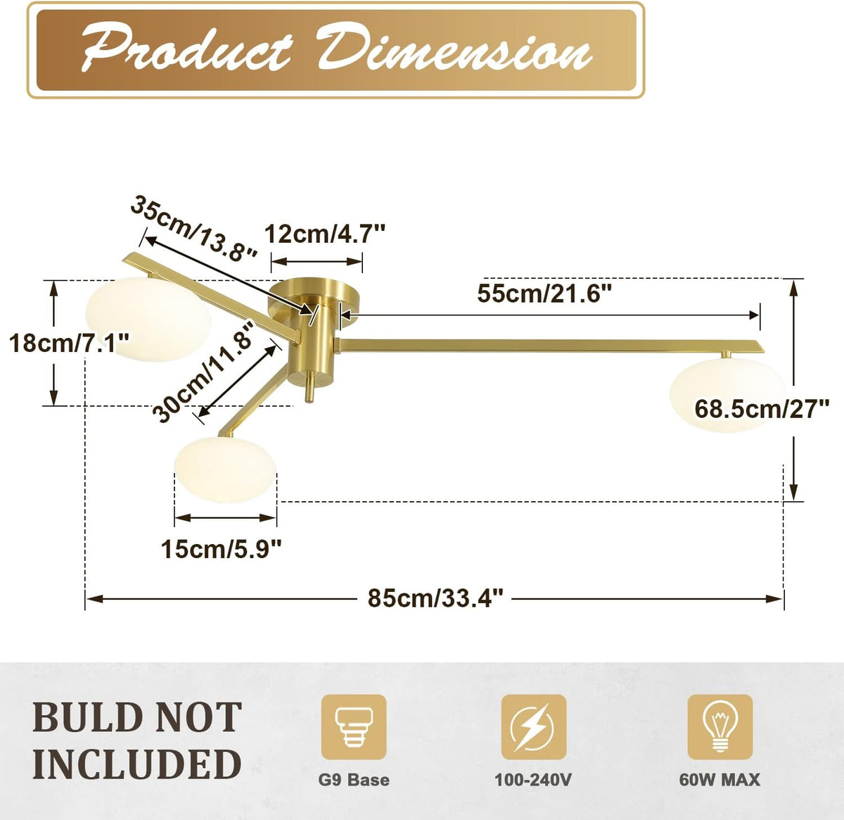 3-Light Gold Semi Flush Mount Ceiling Light,Modern Sputnik Chandelier,Mid Century Industrial