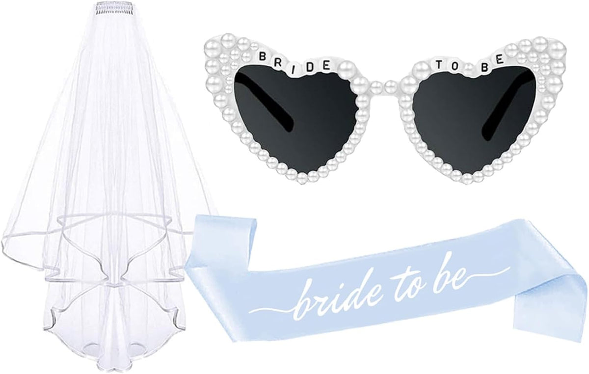 3PCS Blue Bride To Be Sash and Veils Bride to Be Heart Pearl Sunglasses for Bachelorette Bridal