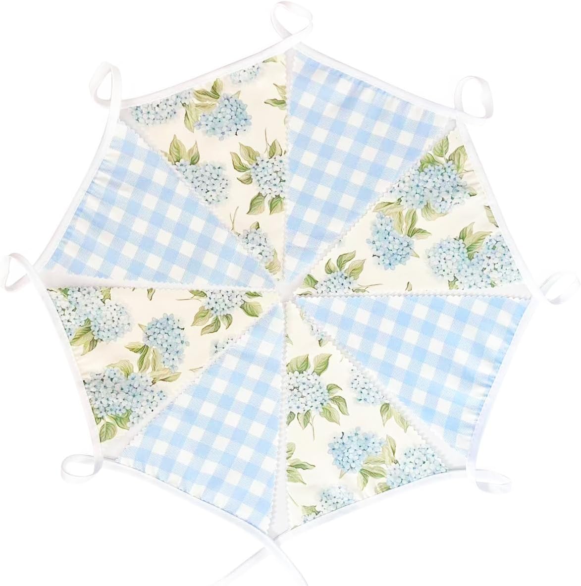 32Ft Blue Flora Party Decorations Blue Gingham HydrangeaTriangle Flag Fabric Banner Pennant Garland