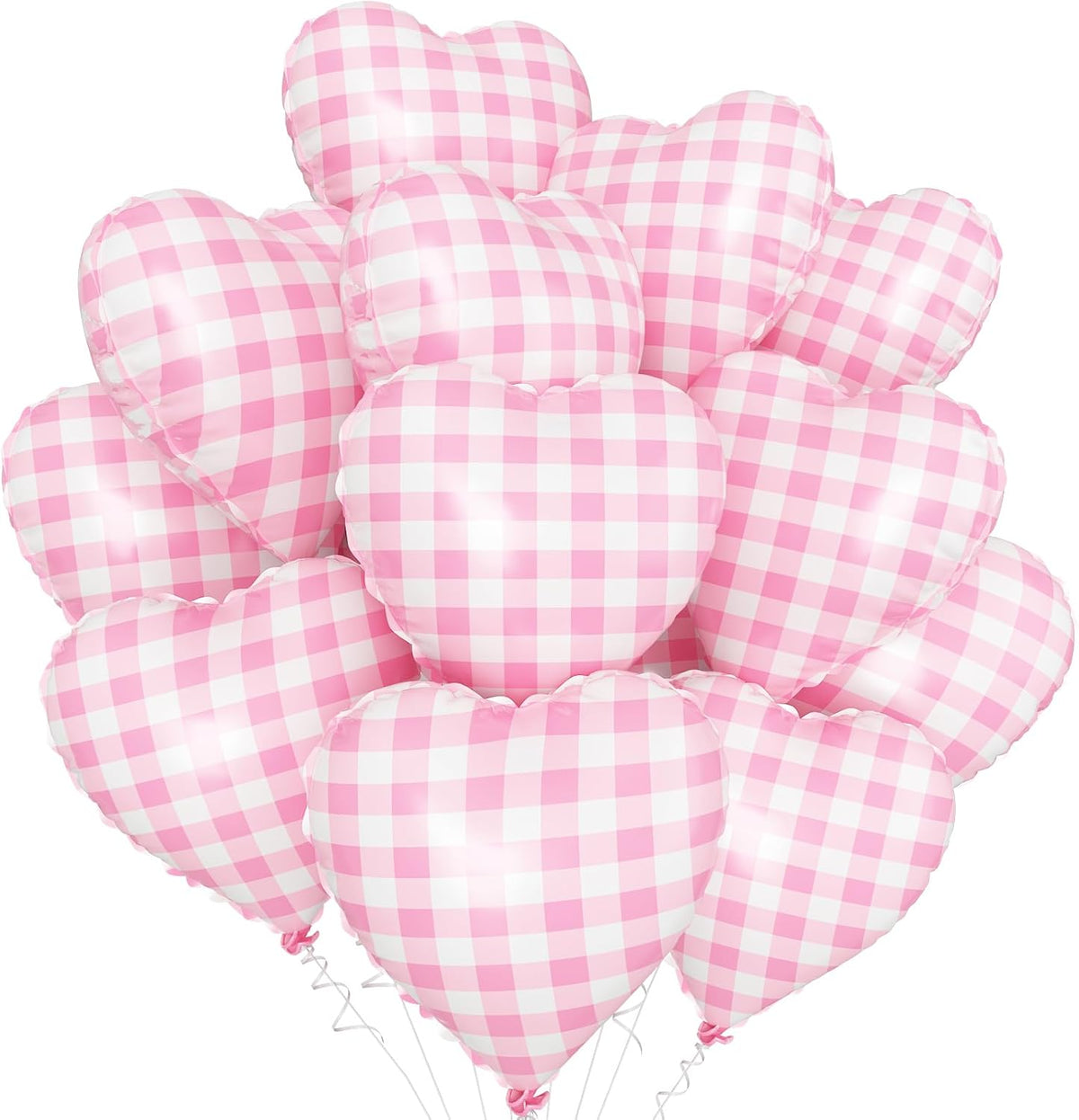 Pink White Checkered Heart Balloons,12Pcs 18Inch Light Pink Grid Heart Shaped Foil Helium Polyester