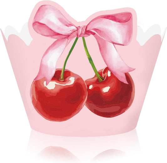 36Pcs Pink Bow Cherry Cupcake Wrappers Pink Red Bowknot Cherry Cupcake Liners Sweet Decorative