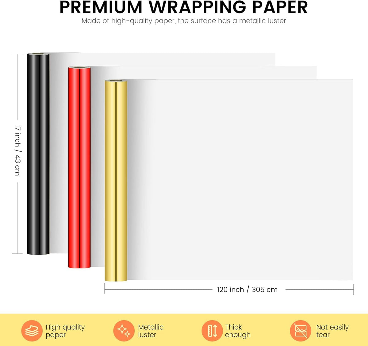 KMER LIFE Metallic Wrapping Paper Rolls - 3 Rolls Premium Gift Wrapping Paper, 17 x 120 Inch Each