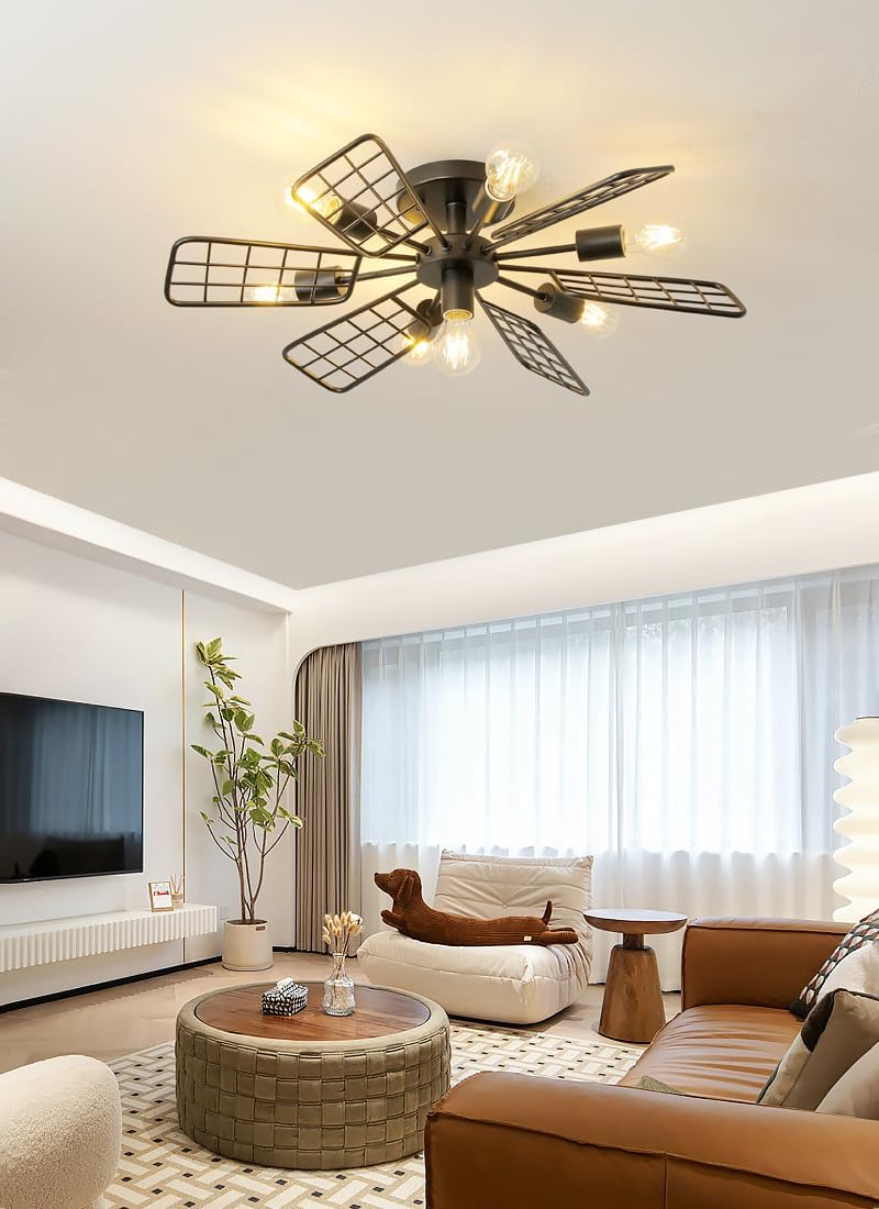 Modern Farmhouse Chandelier,28 Inch Black Metal Geometry Rustic Vintage Semi Flush Mounted Ceiling