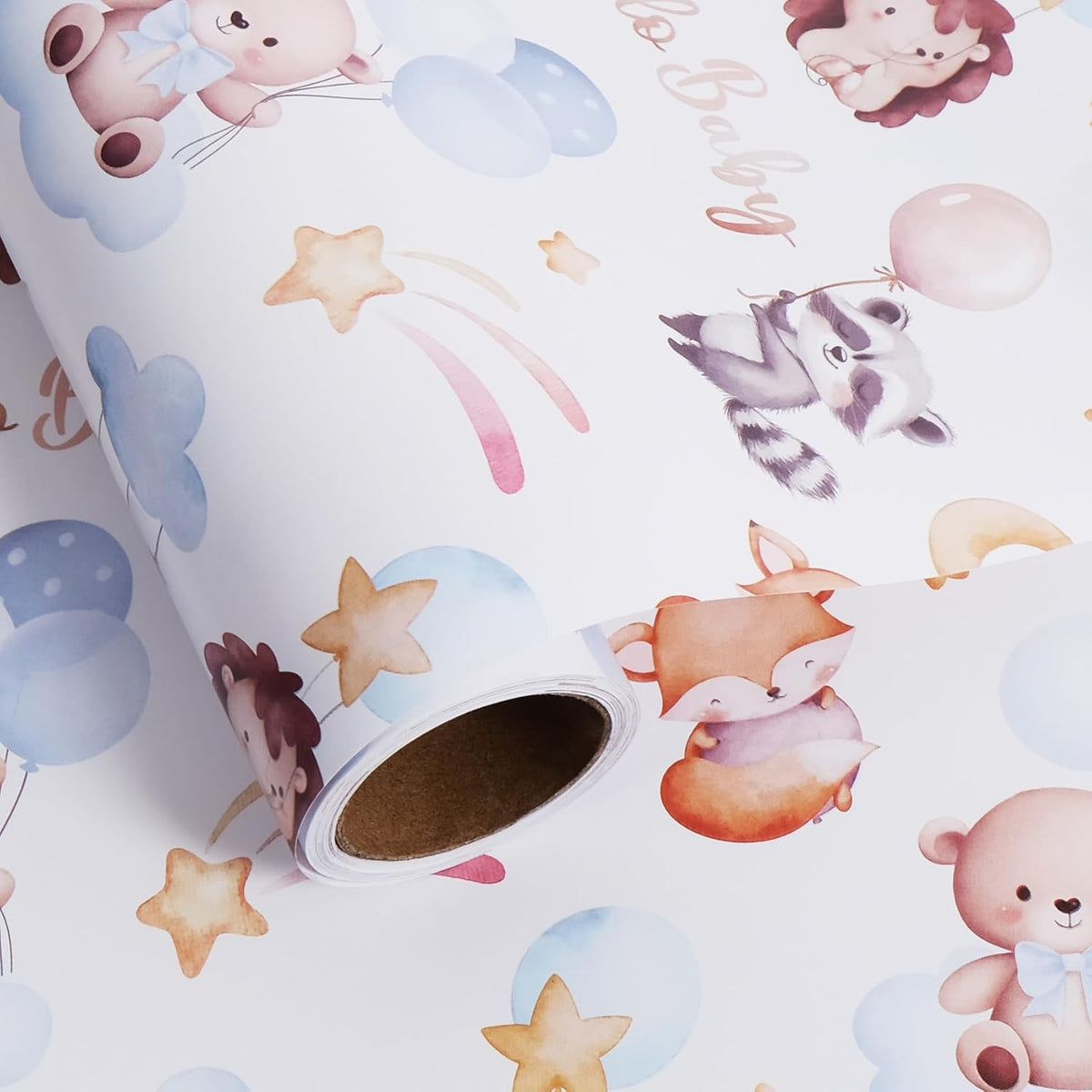 Aimyoo Baby Shower Wrapping Paper Roll - 17 Inch x 16.4 Feet - Cute Animal with Hello Baby Letter