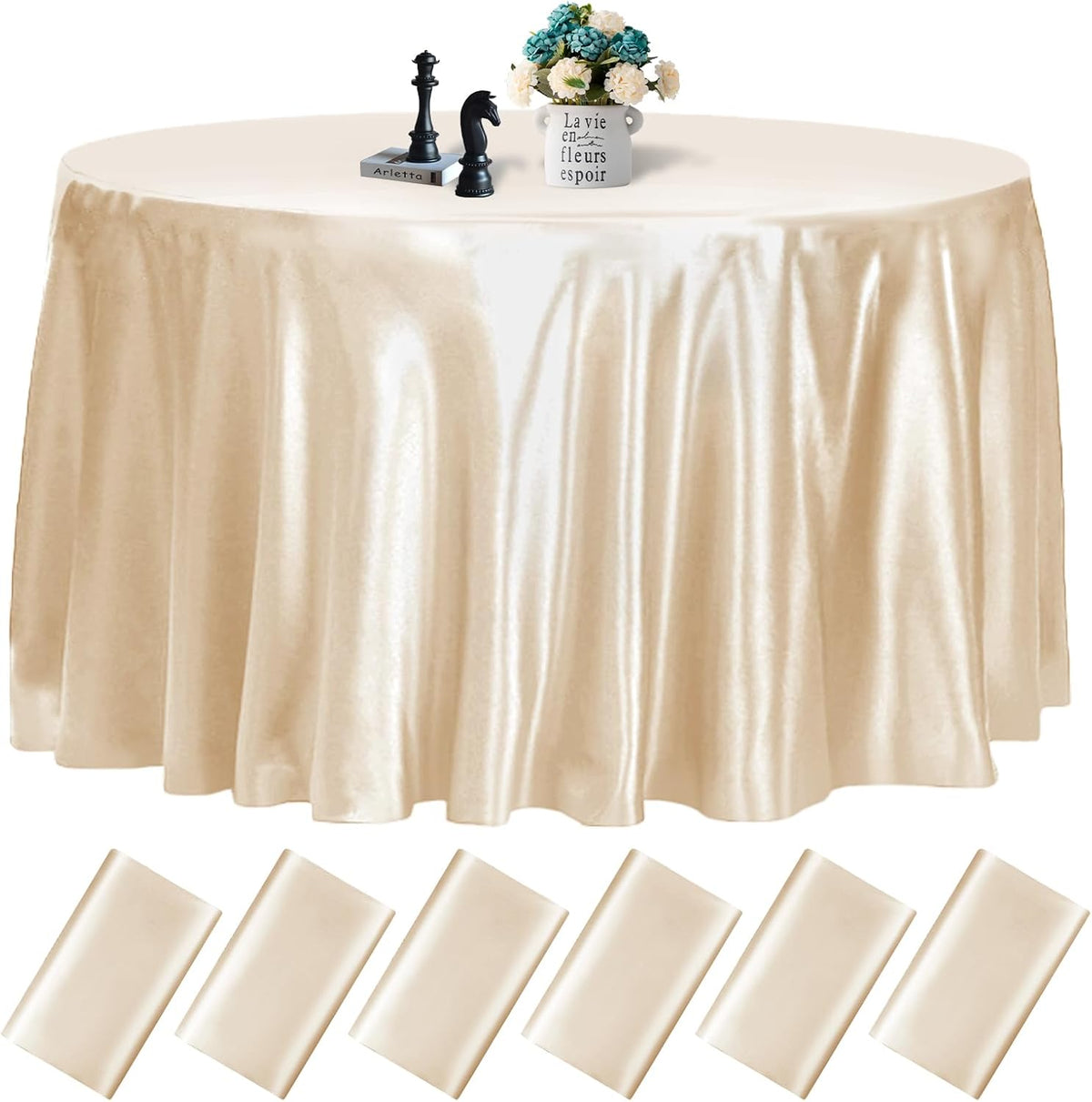 fani 6 Pack 120 Inch Champagne Round Tablecloth - Premium Silky Satin Tablecloth Overlay Smooth