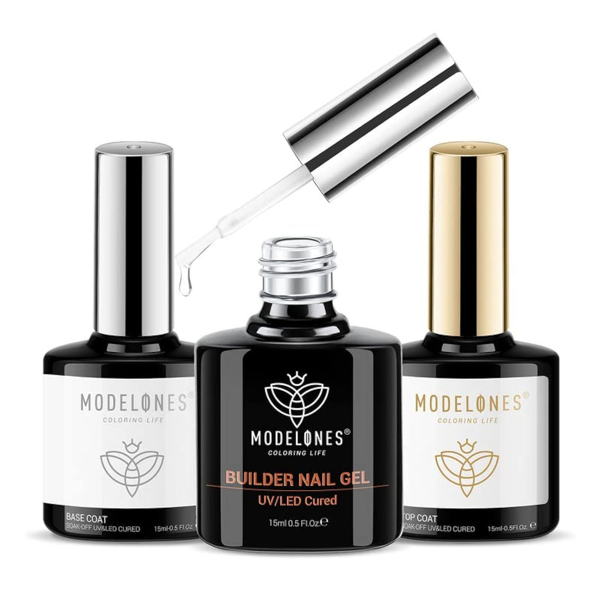 modelones Builder Nail Gel with Gel Top Coat, 3Pcs Clear Builder Nail Kit for Thickening Apex