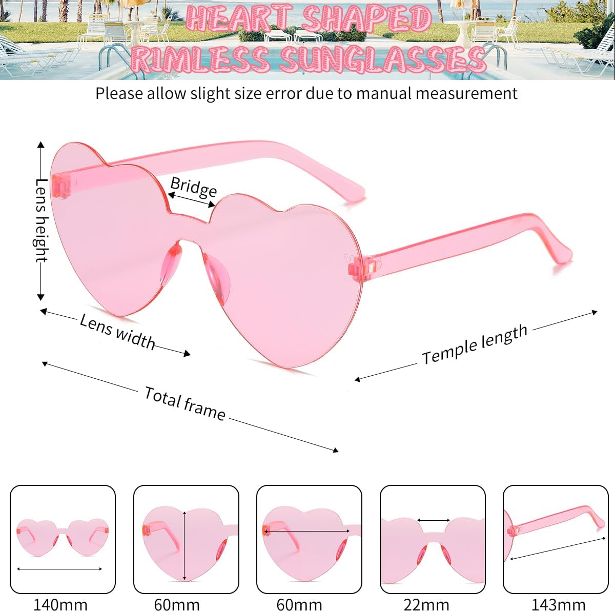 12/20/24 Pairs Heart Sunglasses for Women Men, Trendy Heart Shaped Rimless Transparent Sunglasses
