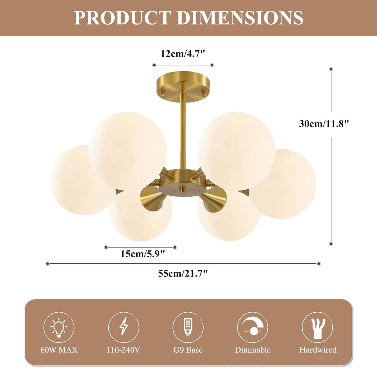KCO Lighting Brushed Gold Sputnik Flush Mount Ceiling Light Mid Century Modern Overhead Ceiling