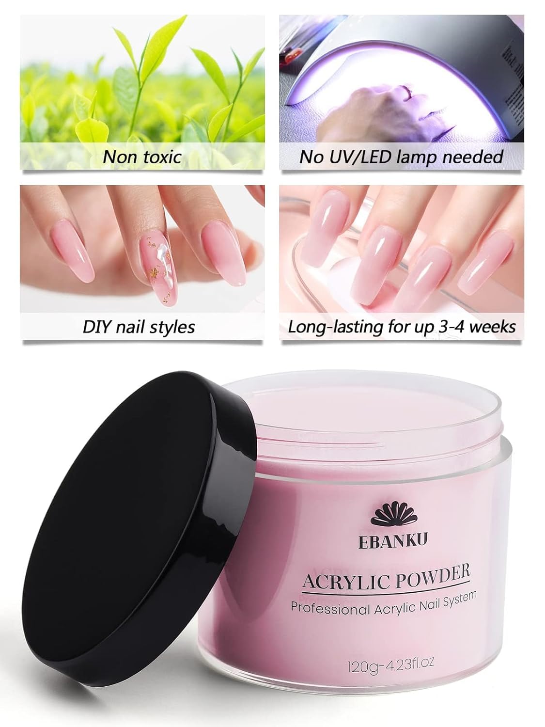 EBANKU Acrylic Powder Pink 120g/4.23oz Acrylic Nail Powder, Long Lasting 3D Fingernail Carving &