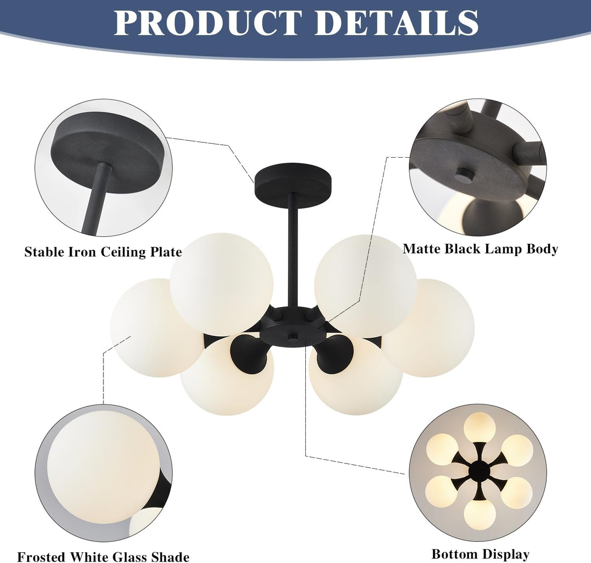 KCO Lighting 6 Lights Modern Semi Flush Mount Ceiling Light Fixture Glass Globe Sputnik Chandelier