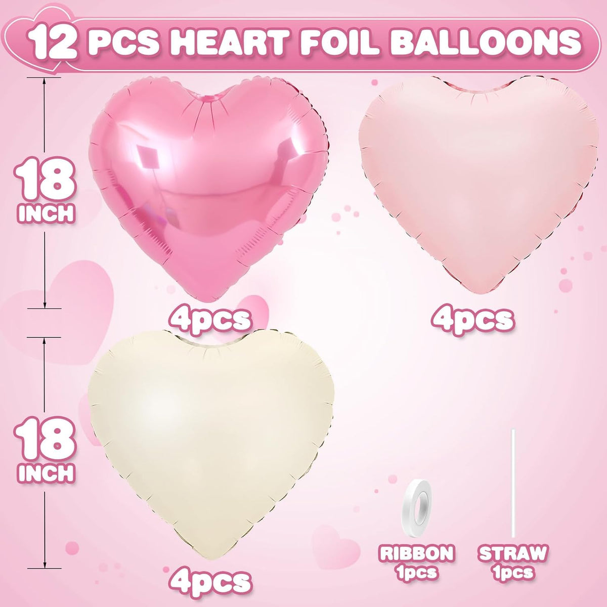 Pink White Heart Balloons,12Pcs Baby Pink Cream Heart Shaped Foil Balloons,18Inch Sand White Helium