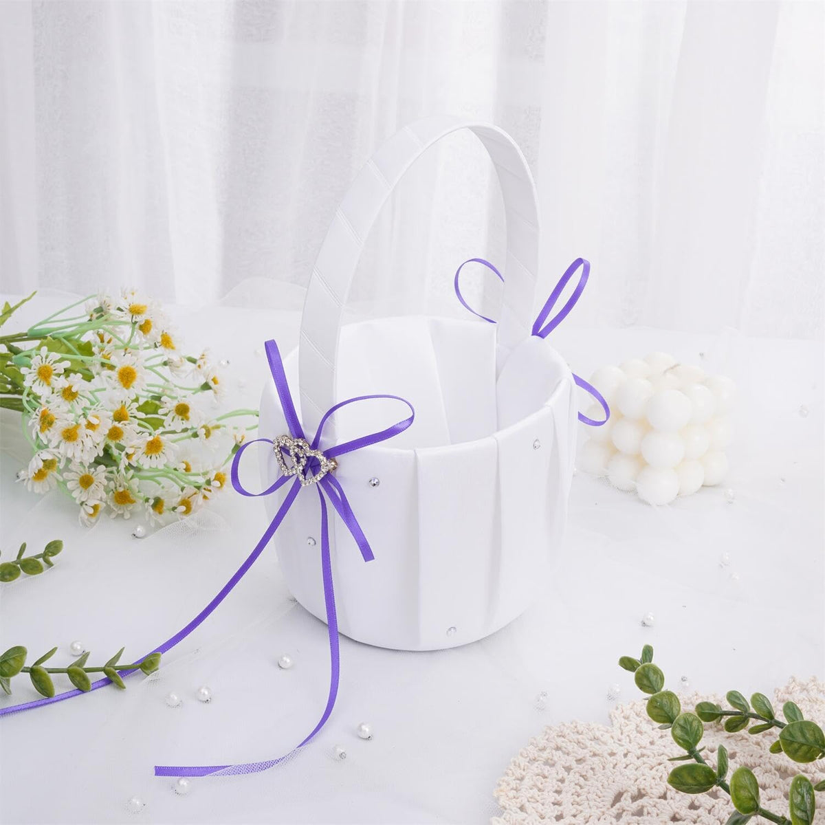 QIRMIZI Wedding Ring Pillow and Flower Girl Basket Set – Adorned with Pearl Rhinestones, White