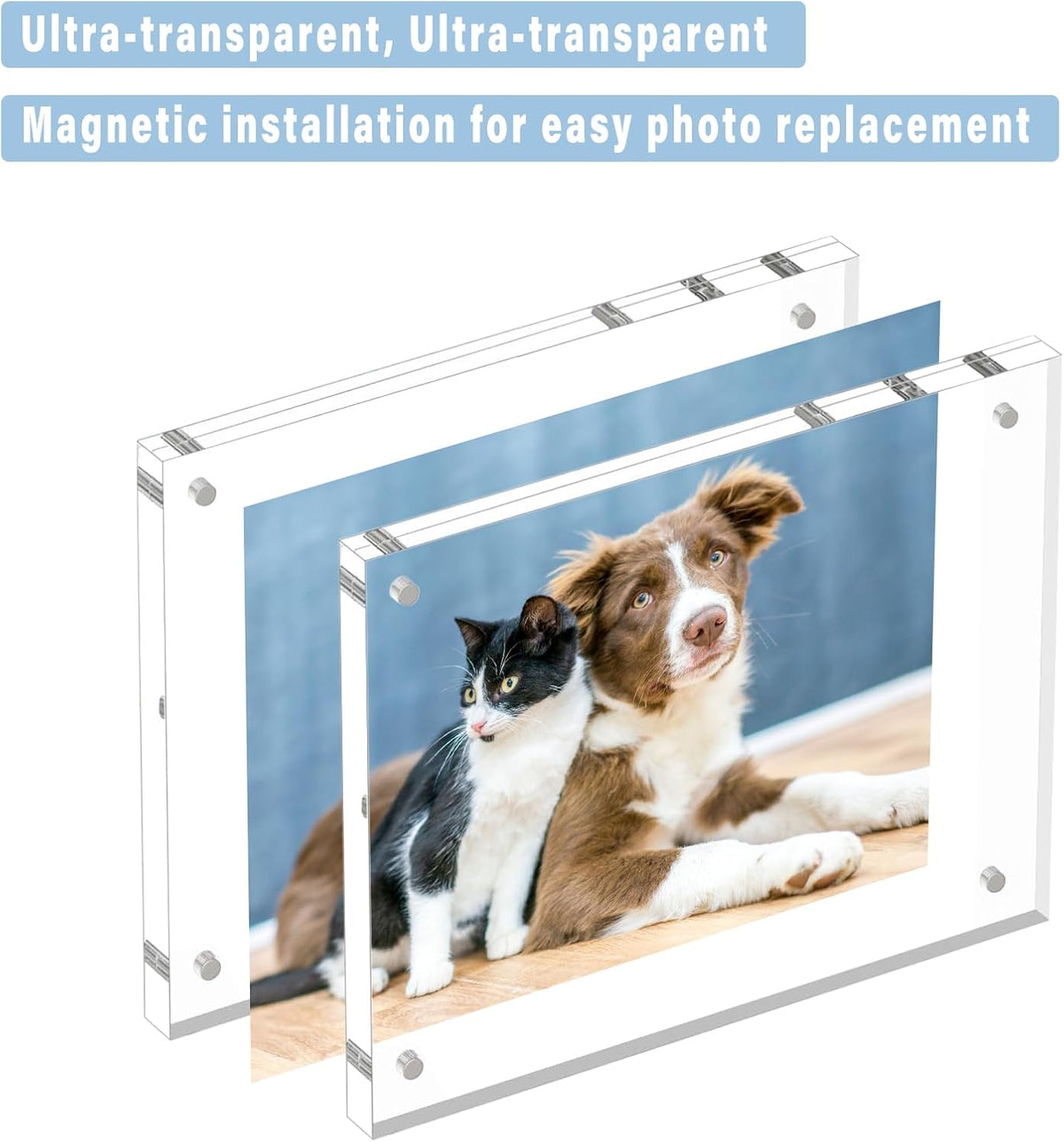 HELPLEX 5 Pack 5x5 Acrylic Picture Frames, 20mm Thicker Frameless Clear Frame Double Sided Magnetic