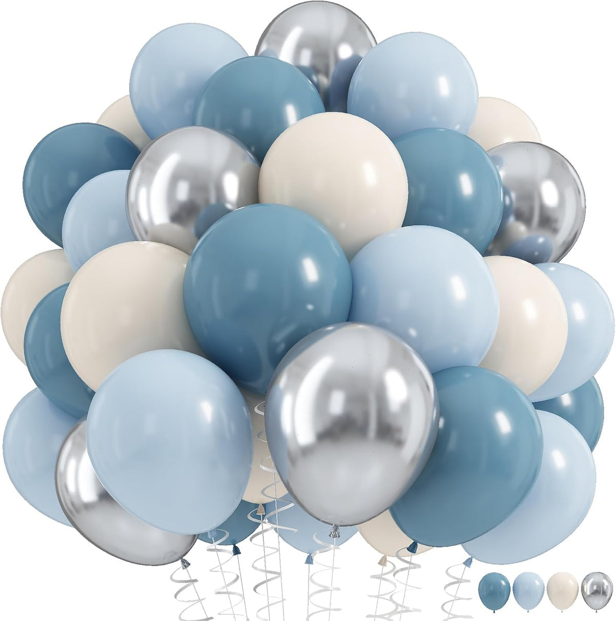 Dusty Blue Balloon Set, 60Pcs 12 Inch Retro Baby Slate Blue Ivory White Metallic Silver Balloons