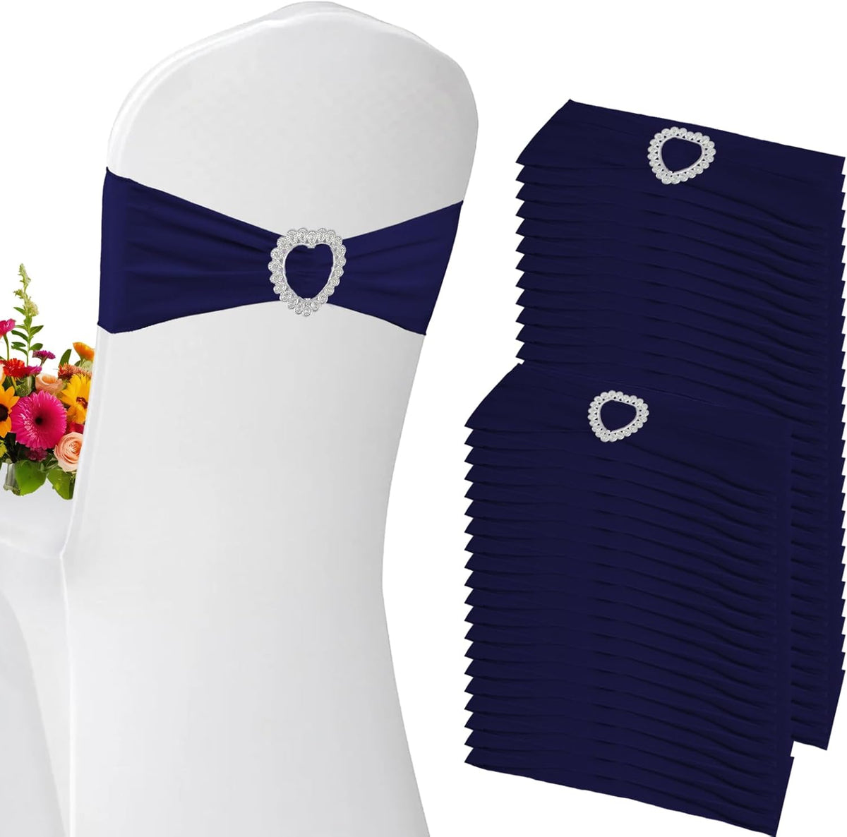 100PCS Spandex Stretch Navy Blue Chair Sashes Bows Universal Elastic Chair Cover Bands Ties with