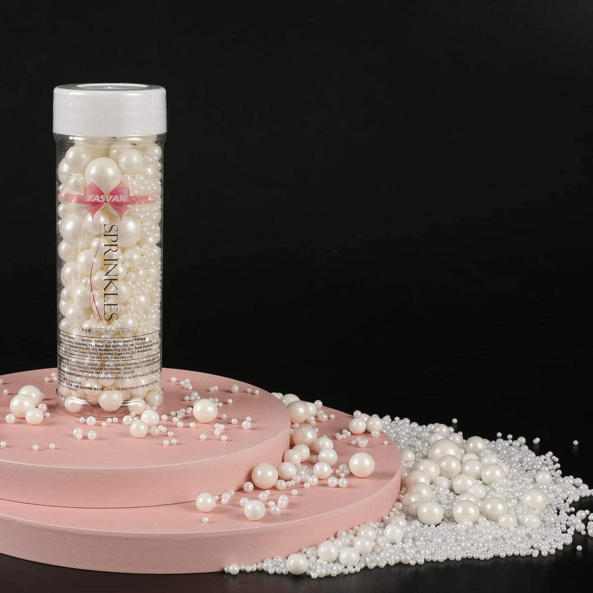 Kasvan White Pearl Sugar Sprinkles - Edible Candy Pearls 130g/4.58 Oz, Mix Size, Baking Cake