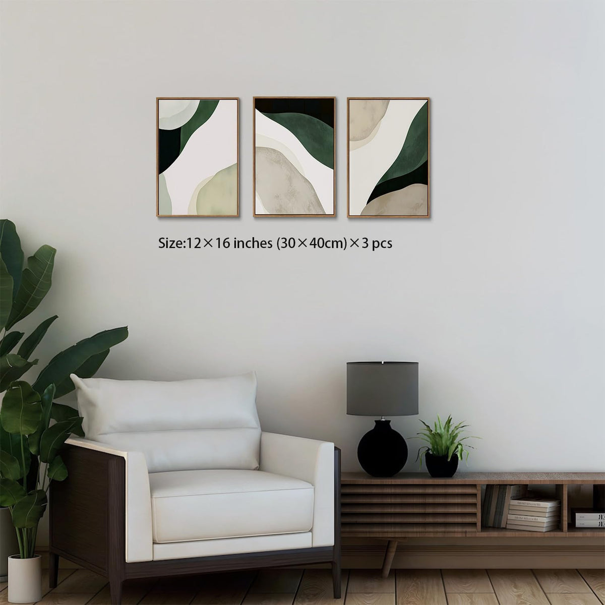 myusuar 3 Piece Large Modern Abstract Canvas Framed Wall Art For Living Room, Green Black White
