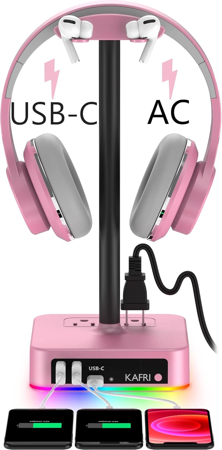 KAFRI RGB Headphone Stand with USB Charger Desk Gaming Headset Holder Hanger Rack with 3 USB