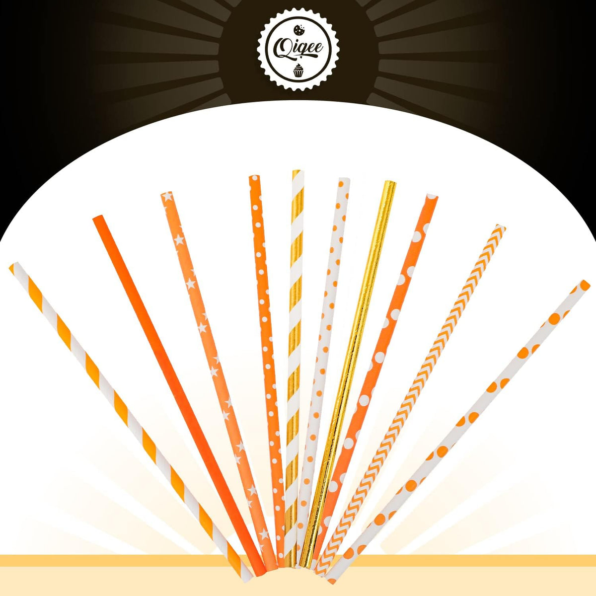 qiqee Gold Orange Disposable Straws for Drinking 150pcs Disposable Straws Bulk（10 Pattern）