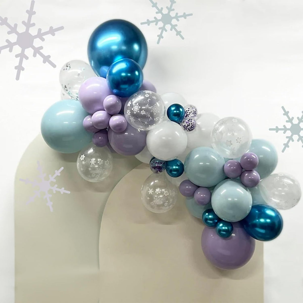 60Pcs Snowflake Balloons, Dusty Light Blue Purple Metallic Dark Blue Snowflake Clear Silver