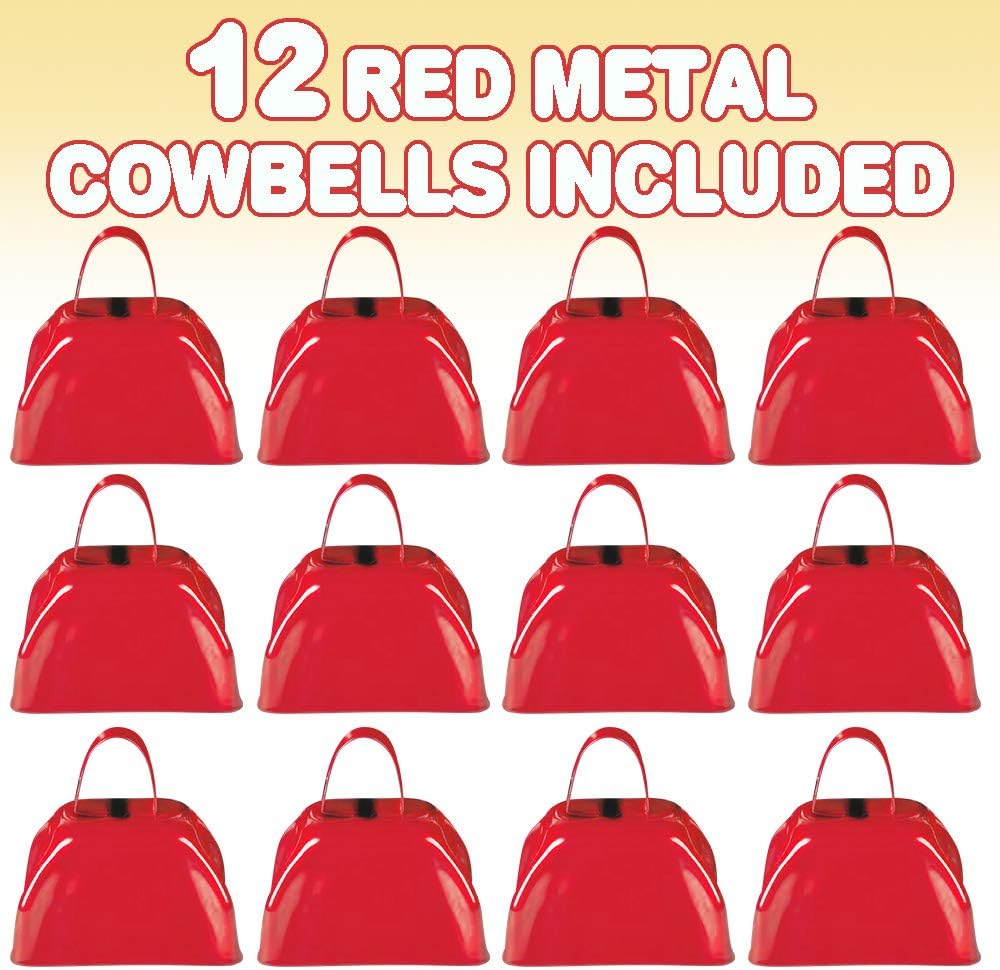 ArtCreativity 3 Inch Red Metal Cowbell Noisemakers - Pack of 12 - Loud Metal Cowbell Noise Makers