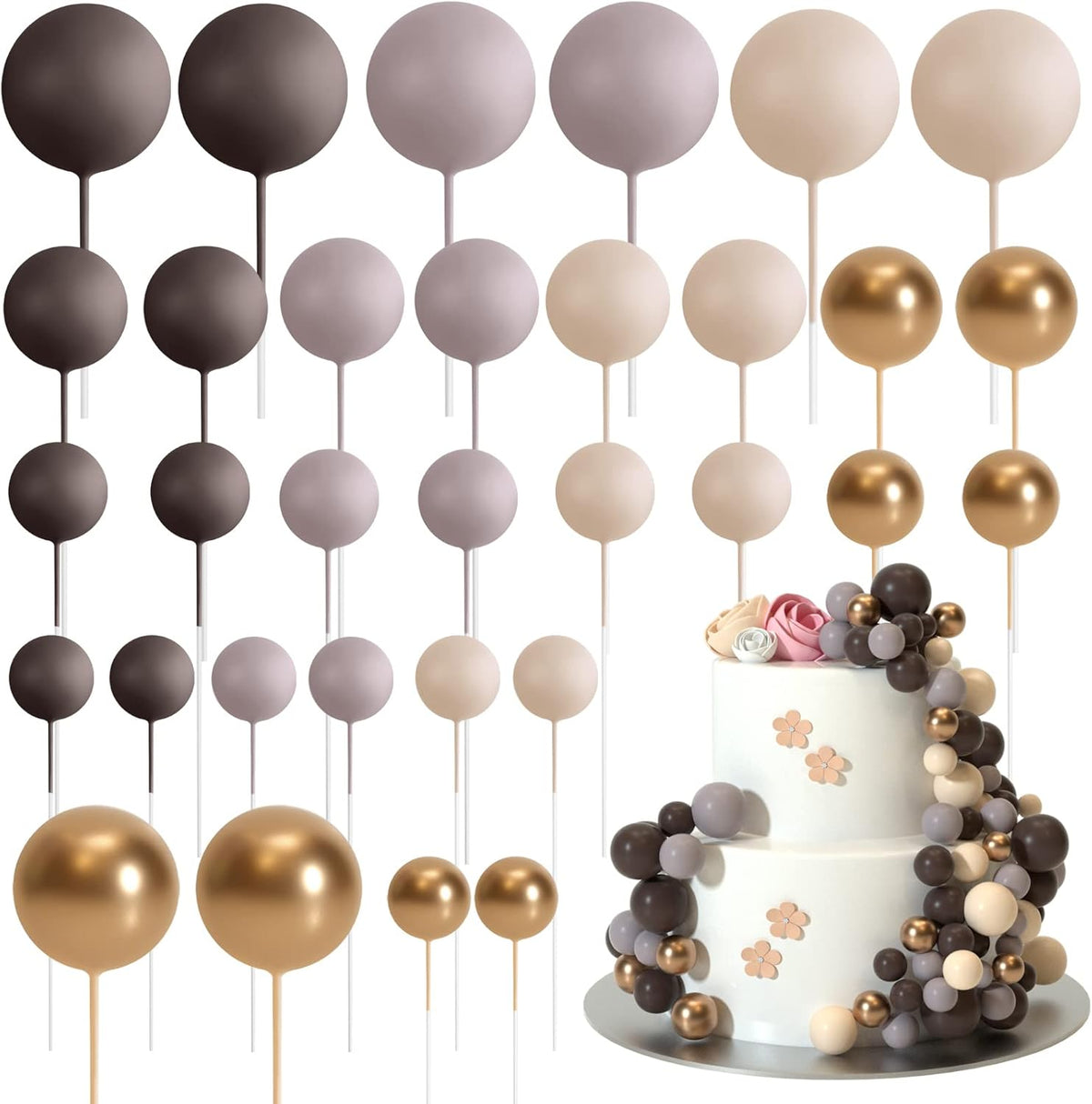 ASTARON 32 Pcs Ball Cake Topper Decorations Mini Balloons Cake Topper Sticks Foam Balls Cake Picks