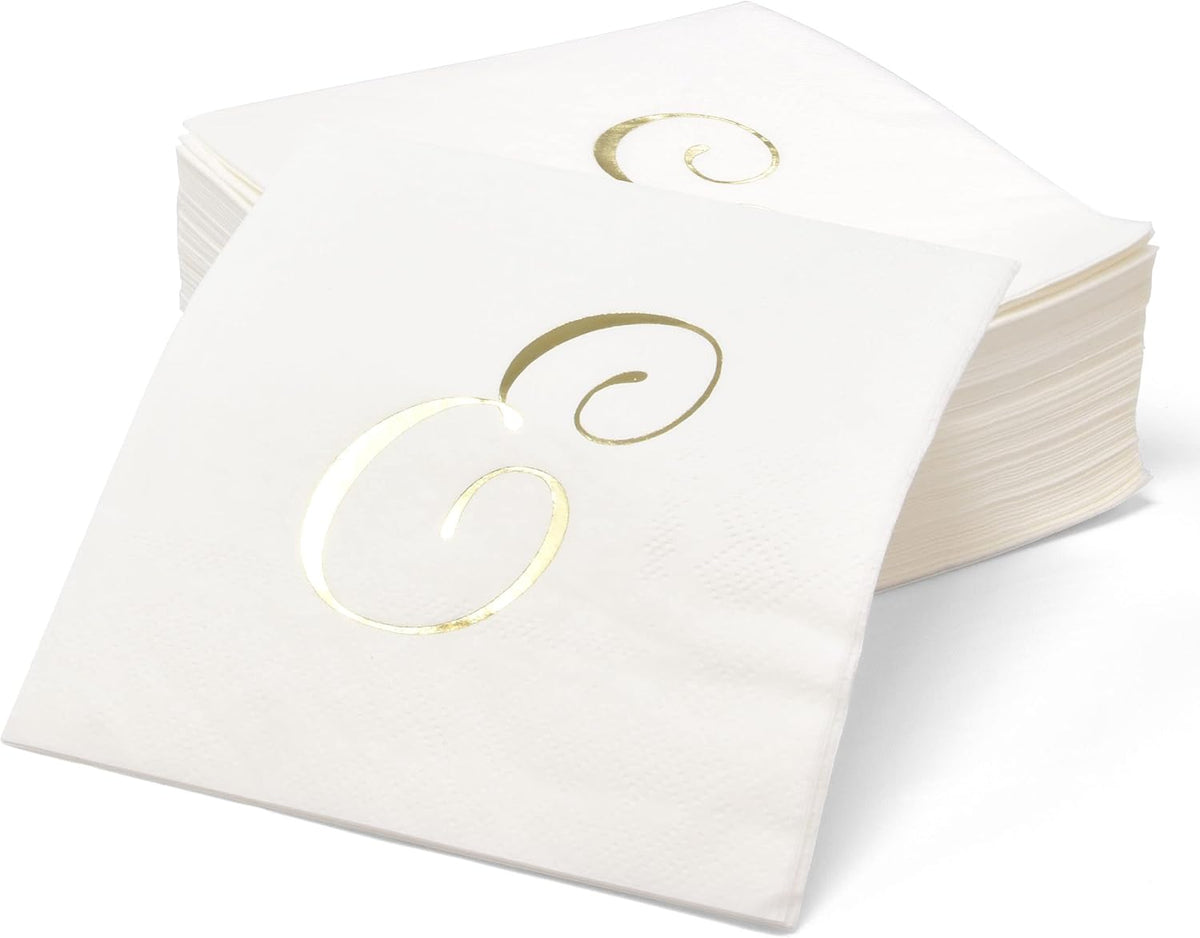 Gift Boutique 100 Gold Monogram Cocktail Napkins Letter E Disposable Paper Hand Towels for Bathroom