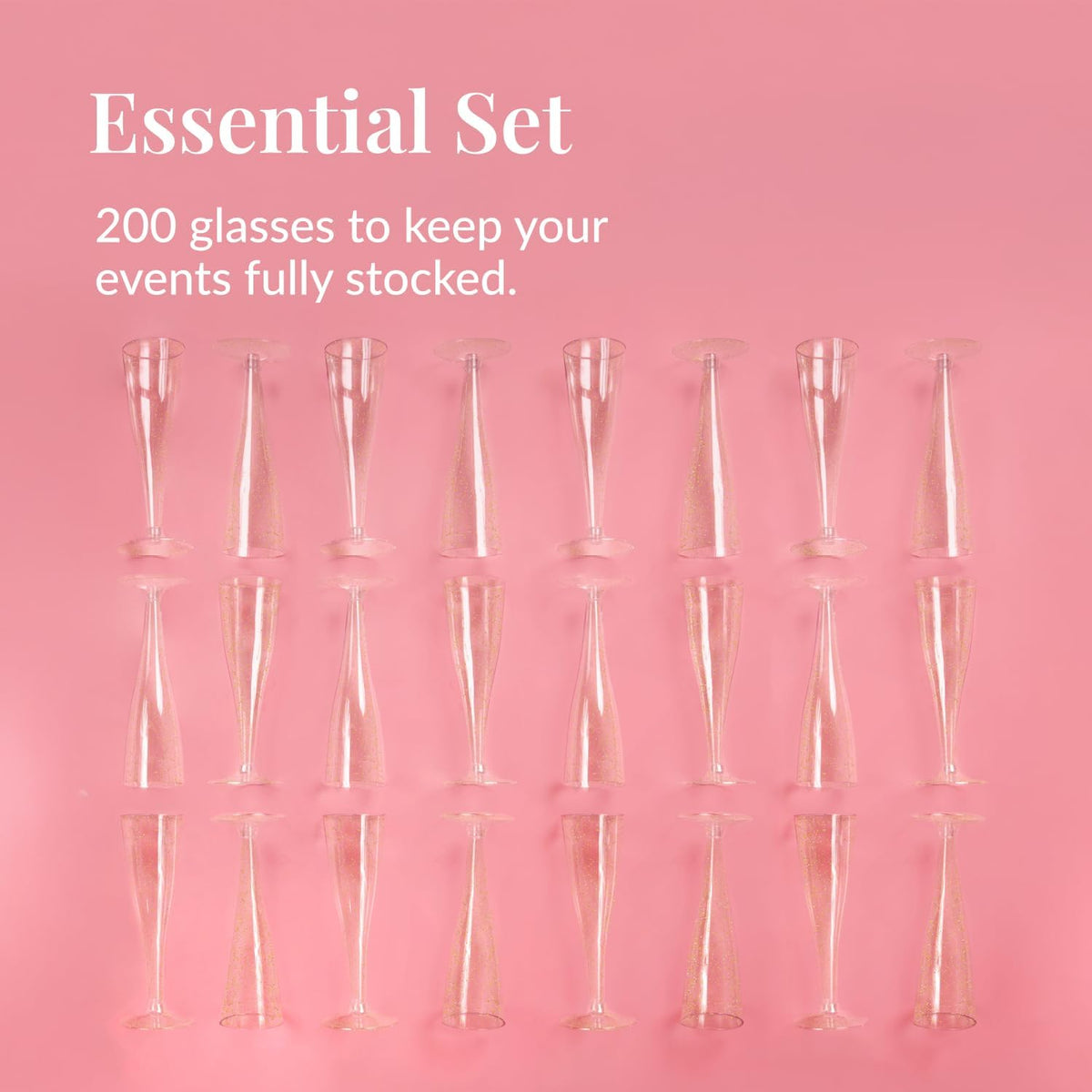Prestee 200 Disposable Champagne Flutes Gold Glitter Glasses - 4.5 Oz Plastic Champagne Cups for