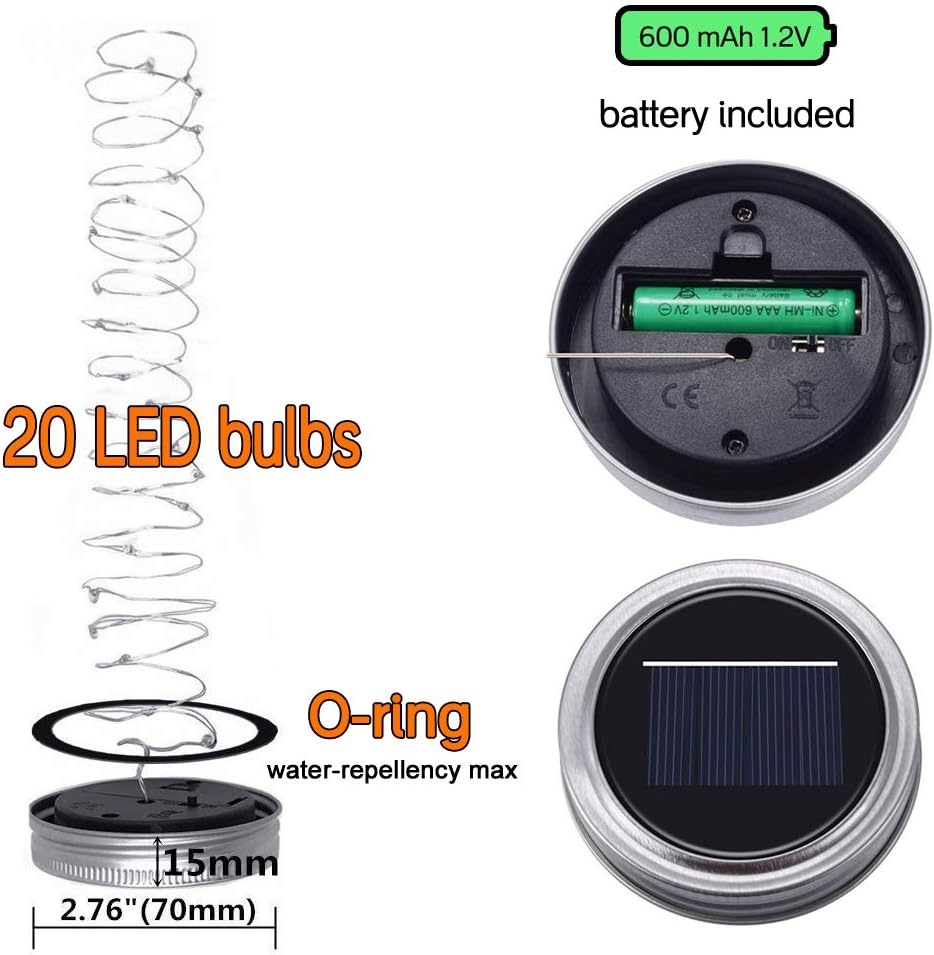 Solar Mason Jar Lights [Updated], 8 Pack 20 LED Waterproof Fairy Firefly Jar Lids String Lights