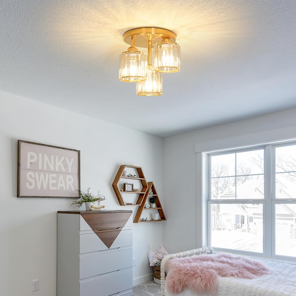 Modern Semi Flush Mount Ceiling Light, 3-Light Crystal Close to Ceiling Light Fixtures, Gold
