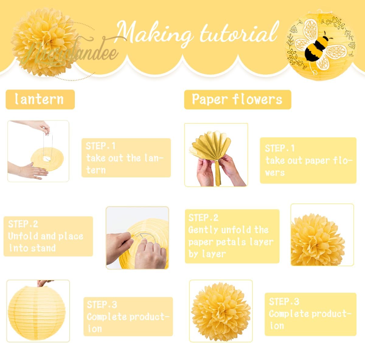NICROLANDEE Bee Party Decorations, 12PCS Yellow Hanging Paper Lanterns Tissue Pom Poms Decor for