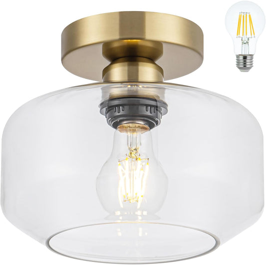 Golden Semi Flush Mount Ceiling Light - Includes 900LM Bulb (60W Eqv) - Clear Glass & Brass Fixture
