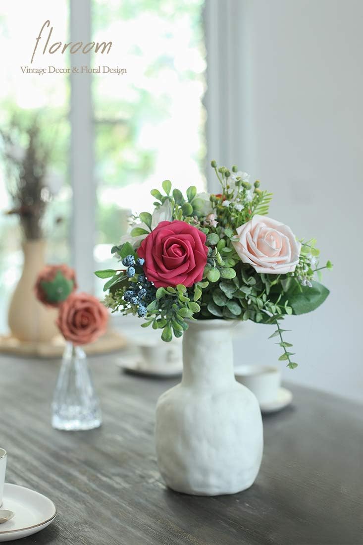 Floroom Artificial Flowers 25pcs Real Looking Fuchsia Foam Fake Roses with Stems for DIY Wedding