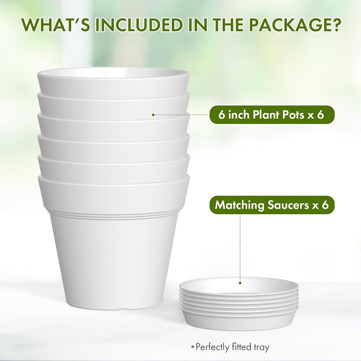 6 Inch Thick Plastic Plant Pots with Drainage Holes and Trays – 6 Pack Nursery Pots for Indoor &