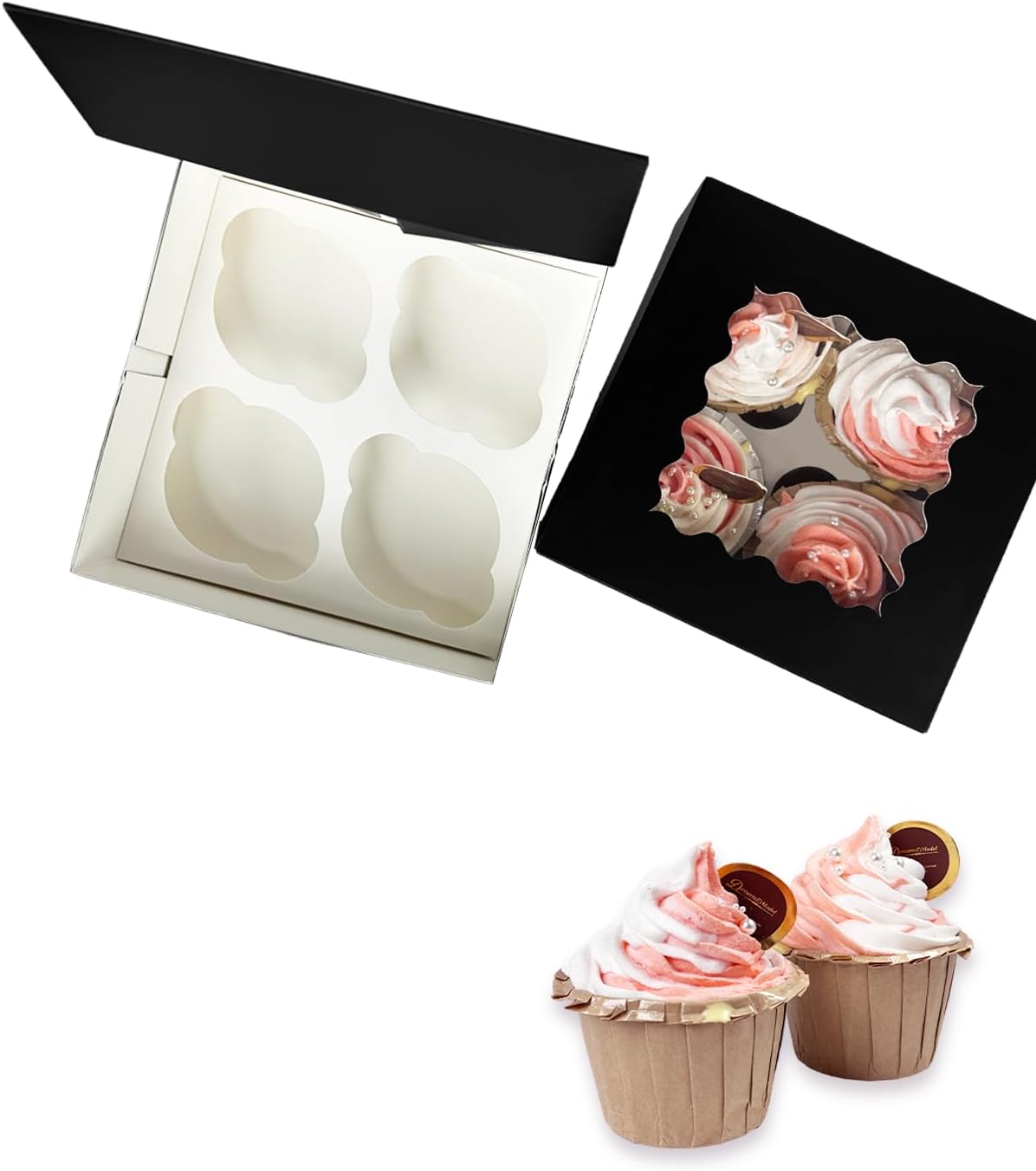 Bakepacker Auto-pop up 4 Cupcake Boxes with Window 20 Count Black Box 6.3 x 6.3 x 3inch Cupcake