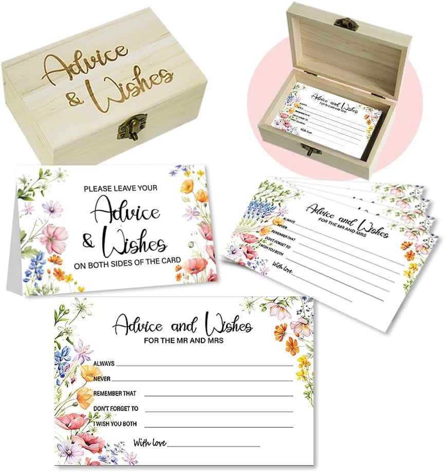 50Pcs Flower Wedding Advice Cards for Bridal Shower Games, Wildflower Advice and Wish Cards Box for