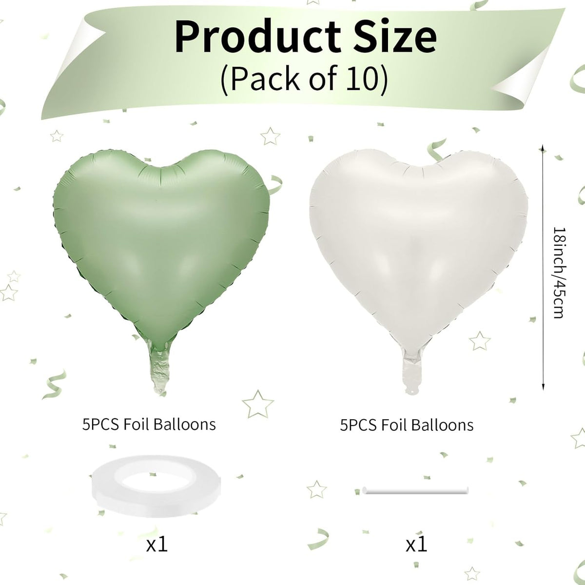 Sage Green White Heart Balloons, 10PCS Green Beige Foil Heart Balloons, 18inch Olive Green Cream