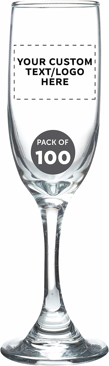 DISCOUNT PROMOS Custom Premiere Champagne Flutes 6.25 oz. Set of 100, Personalized Bulk Pack