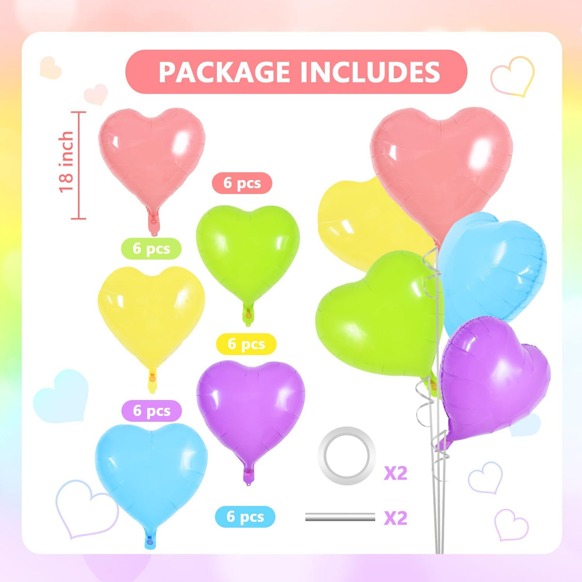 TONIFUL 30Pcs 18 Inch Pastel Colorful Heart Balloons Rainbow Heart Shape Foil Mylar Balloons
