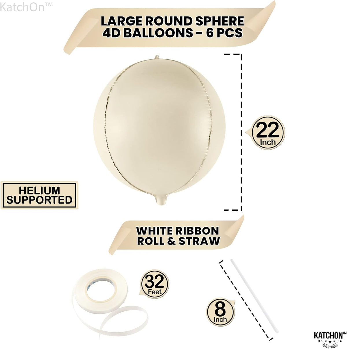 KatchOn, Huge White Sand Balloons Set- 22 Inch, Pack of 6 | Mylar Beige Balloon | White Sand Foil
