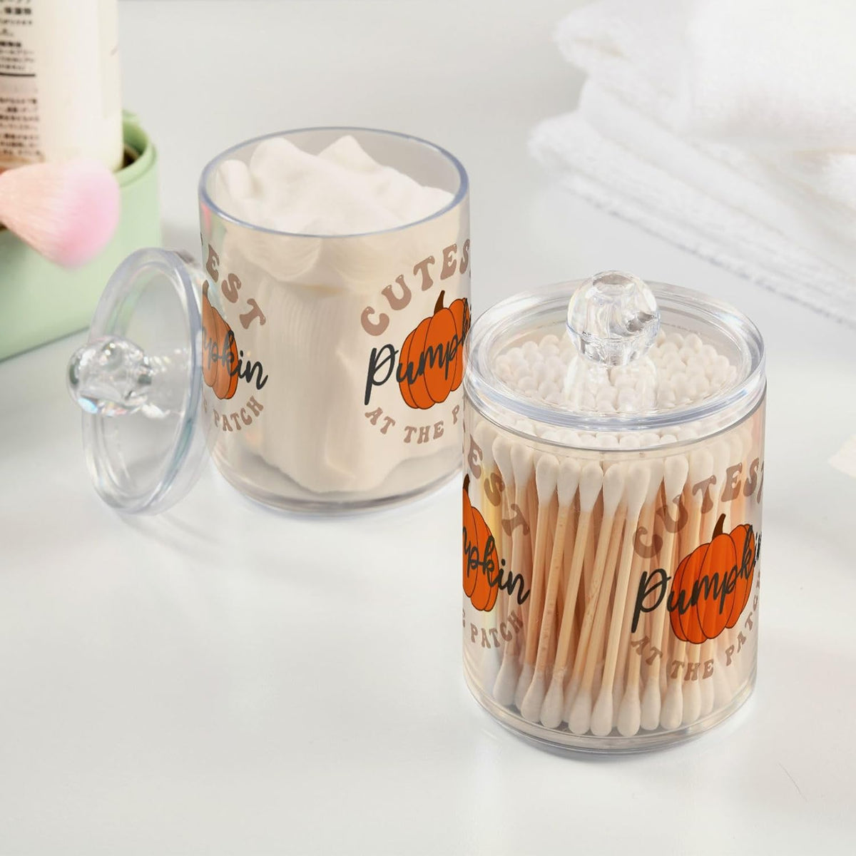 Gredecor 2 Pack Apothecary Jars with Lid Cutest Pumpkin Qtip Holder Dispenser Storage Containers