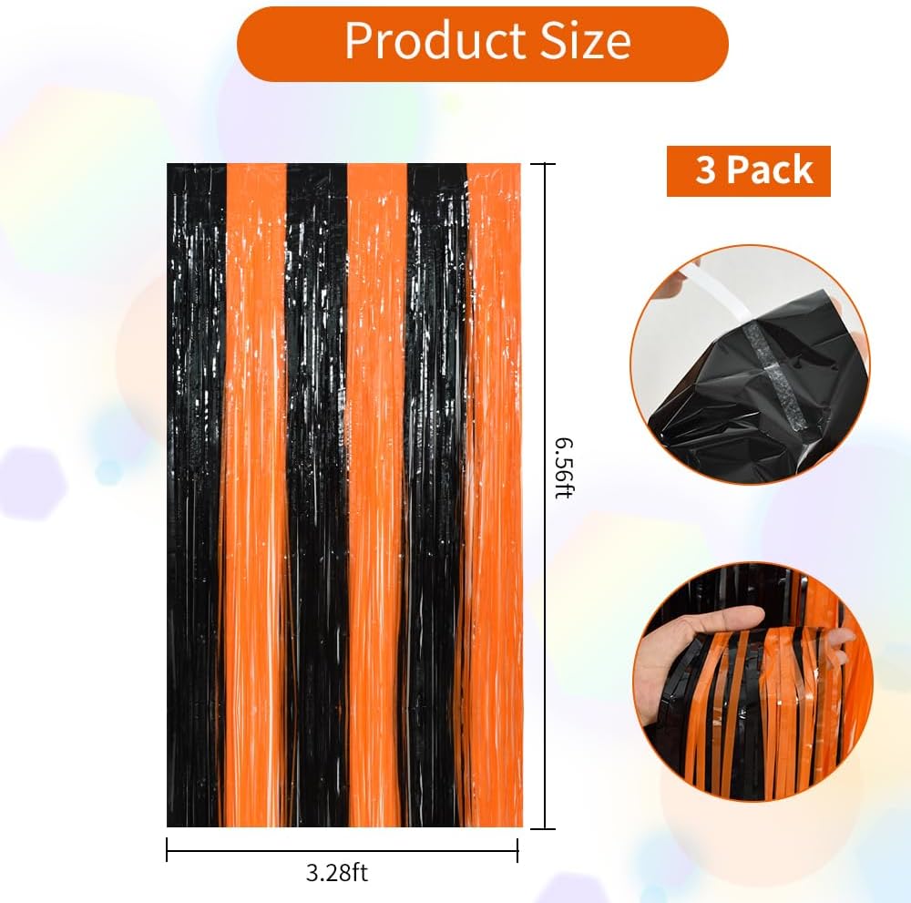 TONIFUL 2Pcs Black Orange Door Streamers,Photo Booth Backdrop Metallic Streamers Foil Fringe