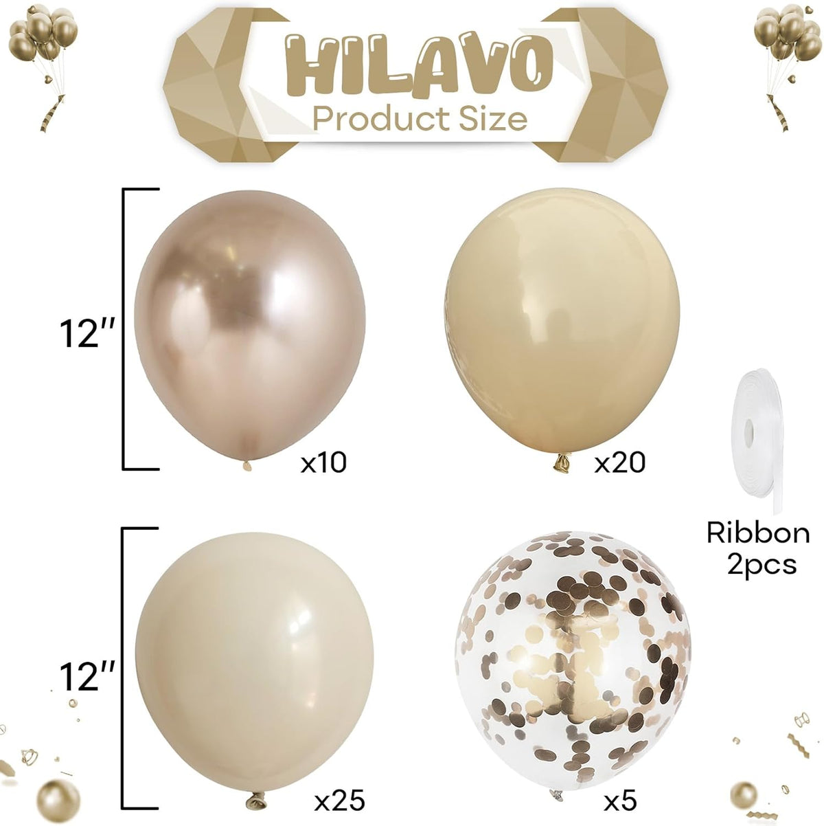 Beige and Champagne Gold Balloon Set, 60Pcs 12 Inch Nude Cream Retro White Sand Balloons with