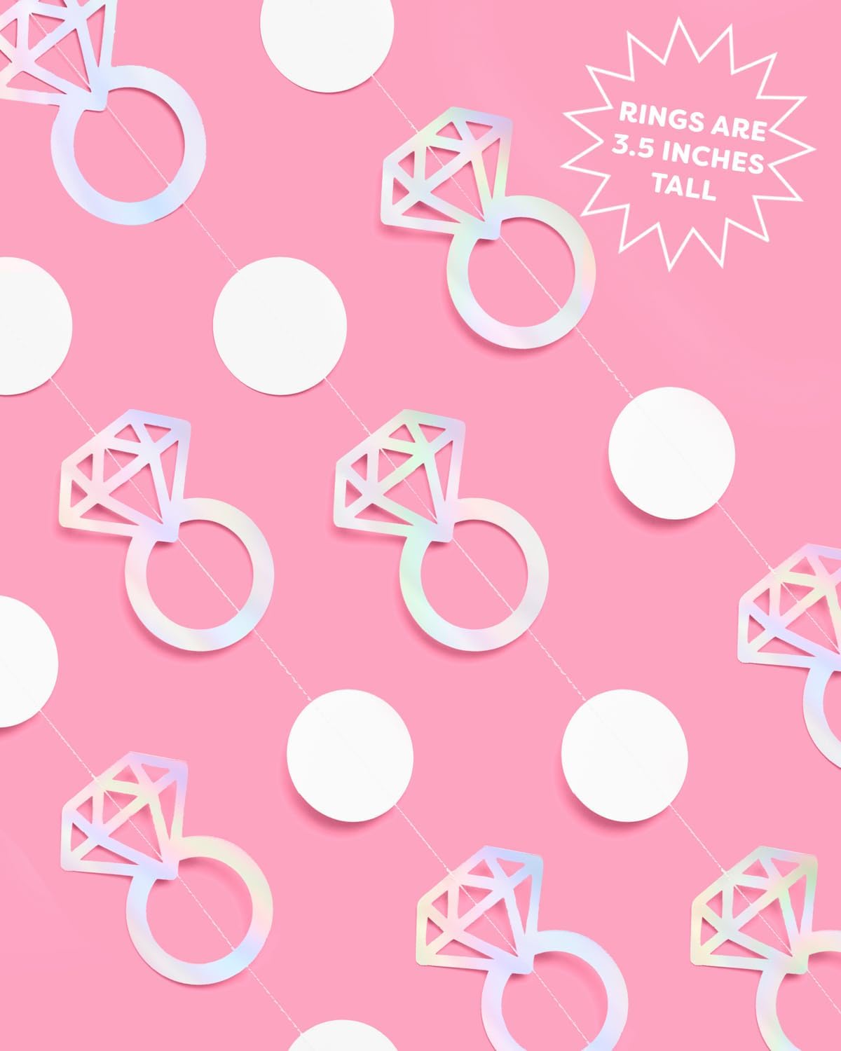 xo, Fetti Iridescent Engagement Ring Garland - 4 pcs, 12' | Bachelorette Decorations, Tying The